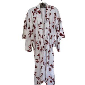 Vintage Kimono White & Red Floral Cotton Lightweight Robe Open Front Japanese